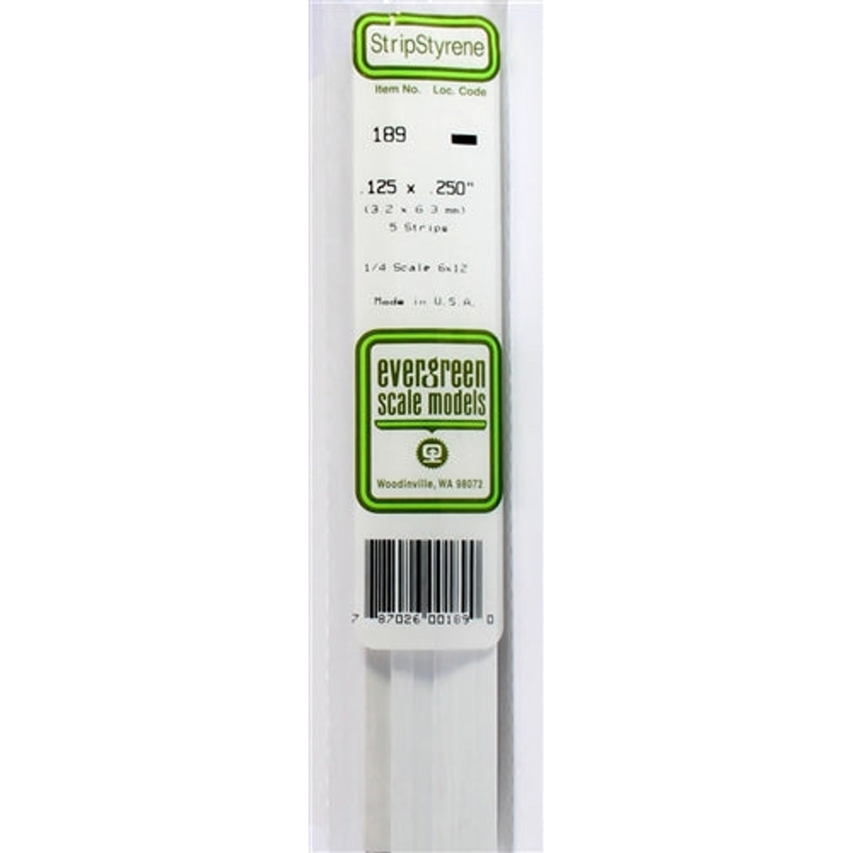 Evergreen Scale Models 189 Styrene Strip .125 x .250" (3.2 x 6.3mm) 5 strips NIB