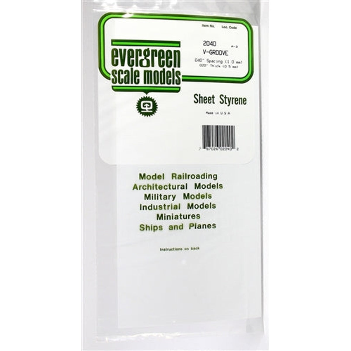 Evergreen Scale Models 2040 Styrene V-Groove Siding Sheet 6 x 12" .040" Spacing (1.0 mm) .020" Thick (0.5 mm) NIB