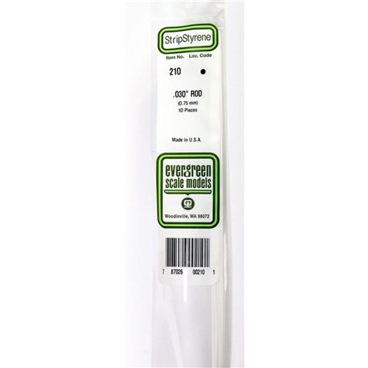 Evergreen Scale Models 210 Styrene Rod .030" (.75mm) Pkg of 10 NIB