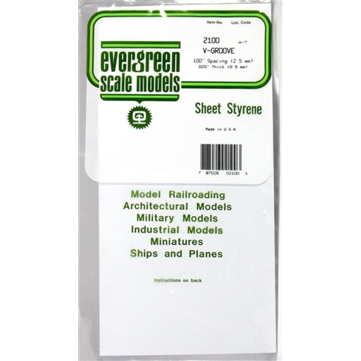 Evergreen Scale Models 2100 6 x 12" Styrene Siding Sheet V-Groove .020" Thick x .100" Spacing NIB