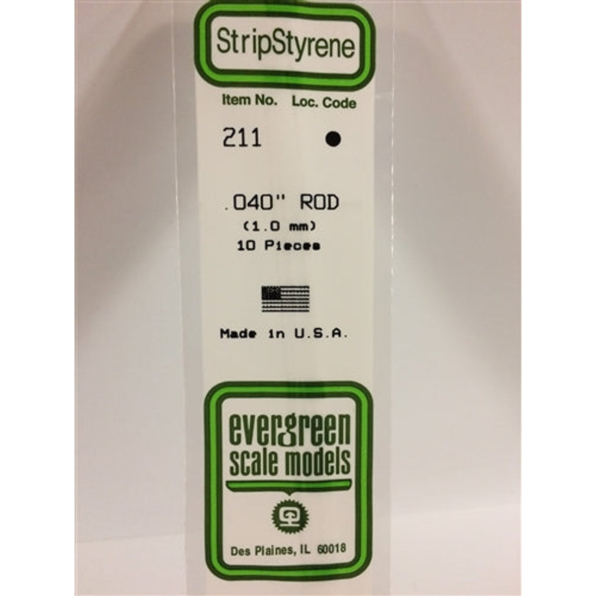 Evergreen Scale Models 211 Styrene Rod .040" (.10cm) Pkg of 10 NIB