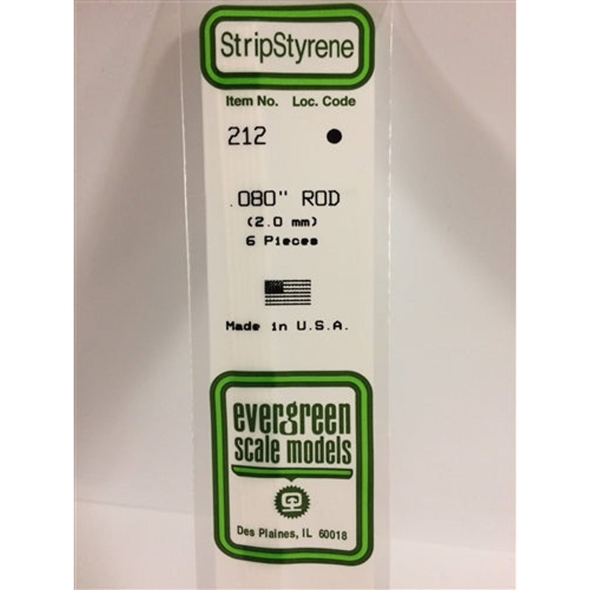 Evergreen Scale Models 212 Styrene Rod .080" (.20cm) Pkg of 6 NIB