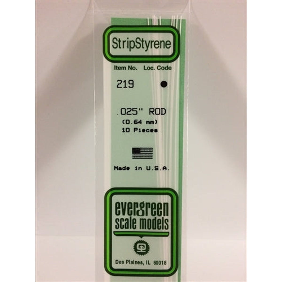 Evergreen Scale Models 219 Styrene Rod .025" (.06cm) Pkg of 10 NIB