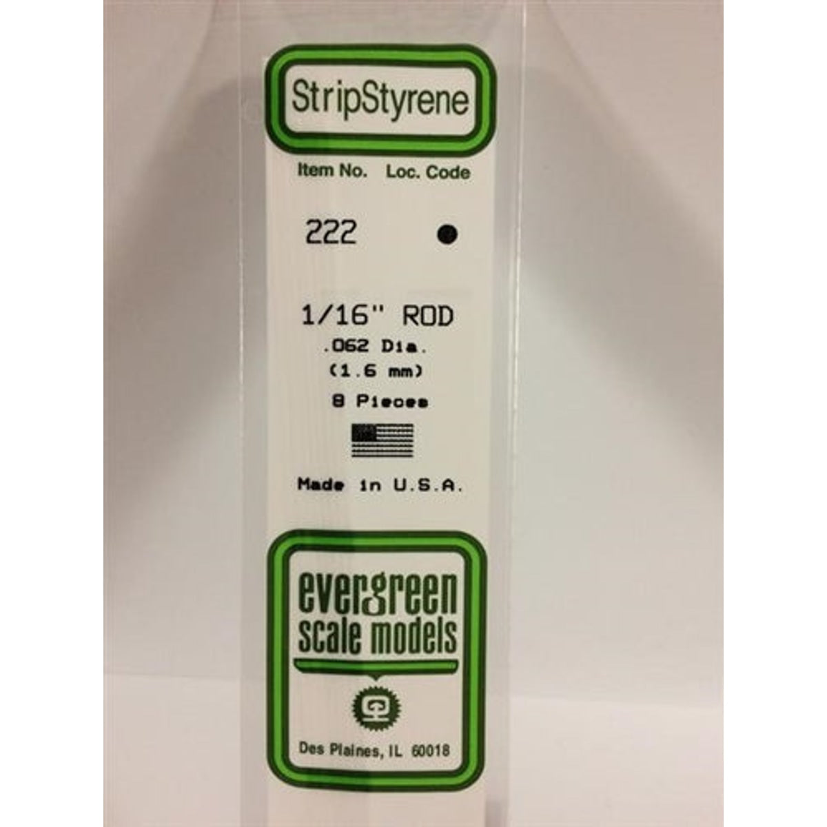 Evergreen Scale Models 222 Styrene Rod .062" (1.6mm) 8 pieces NIB