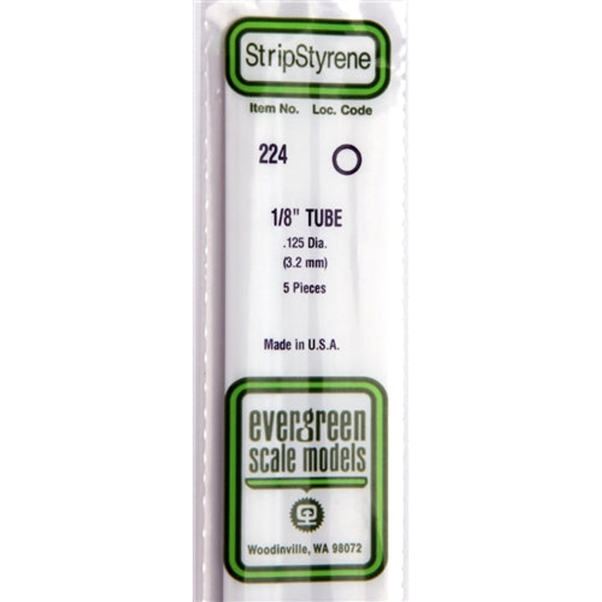 Evergreen Scale Models 224 Styrene Tube 1/8" .125 Dia (3.2mm) 5 pieces NIB