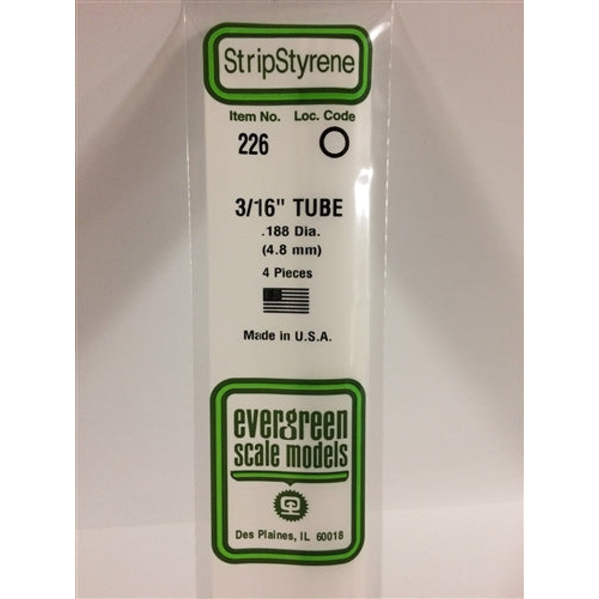 Evergreen Scale Models 226 Styrene Tube .187" (.47cm) Diameter Pkg of 4 NIB