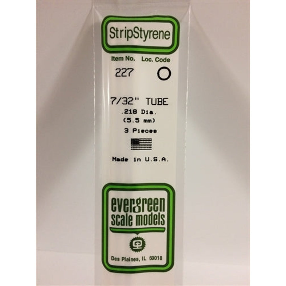 Evergreen Scale Models 227 Styrene Tube .219" (.56cm) Diameter Pkg of 3 NIB