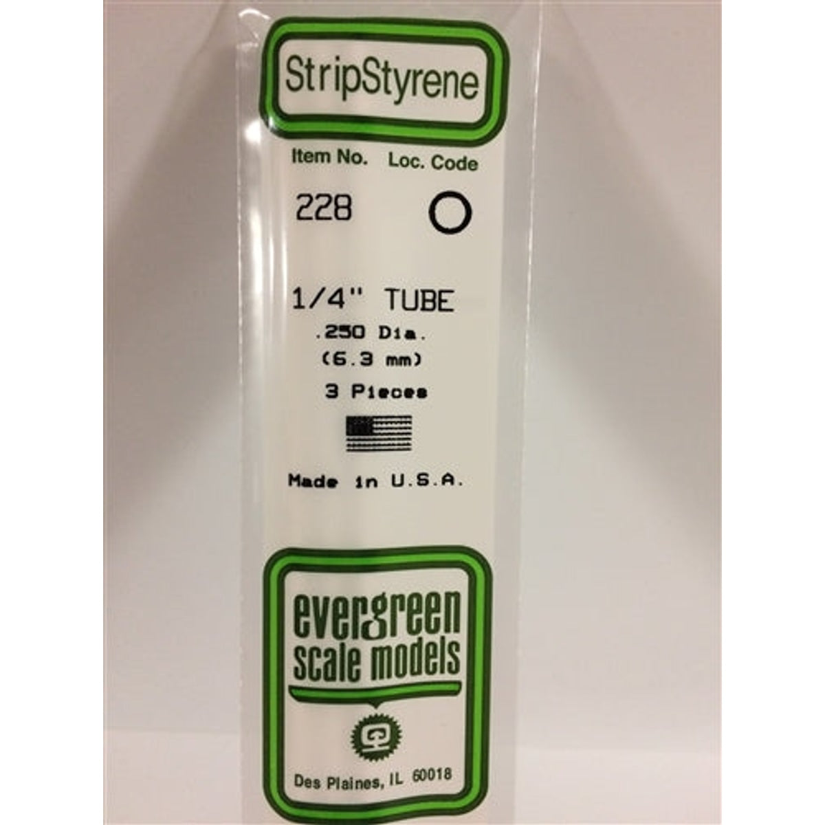 Evergreen Scale Models 228 Styrene Tube .250" (.64cm) Diameter Pkg of 3 NIB