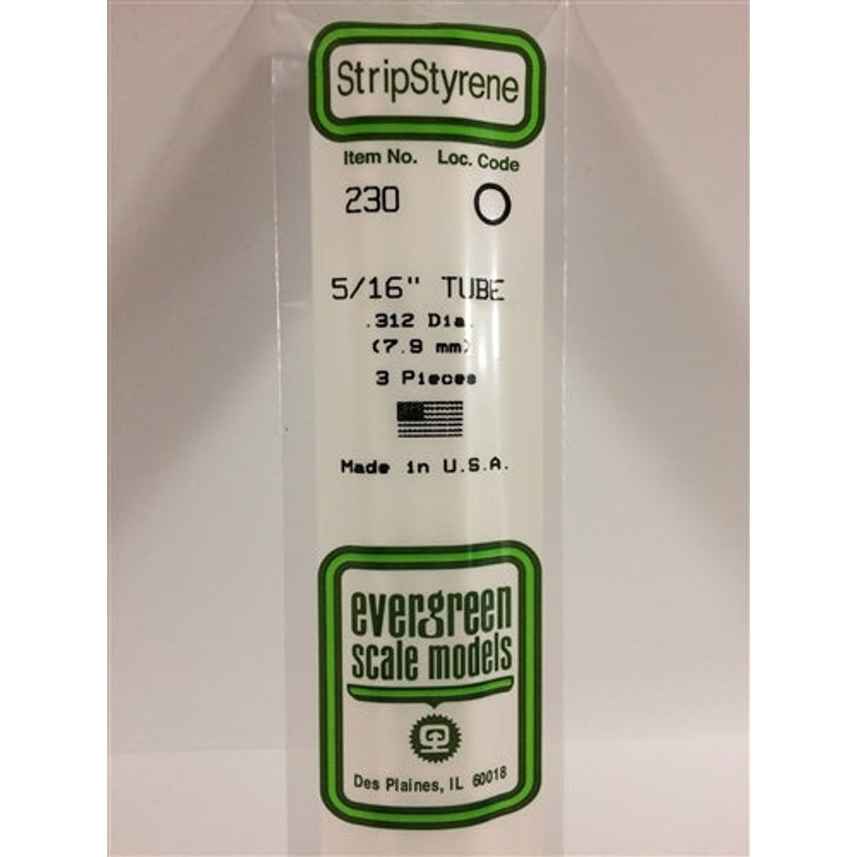 Evergreen Scale Models 230 Styrene Tube .312" (.79cm) Diameter Pkg of 3 NIB