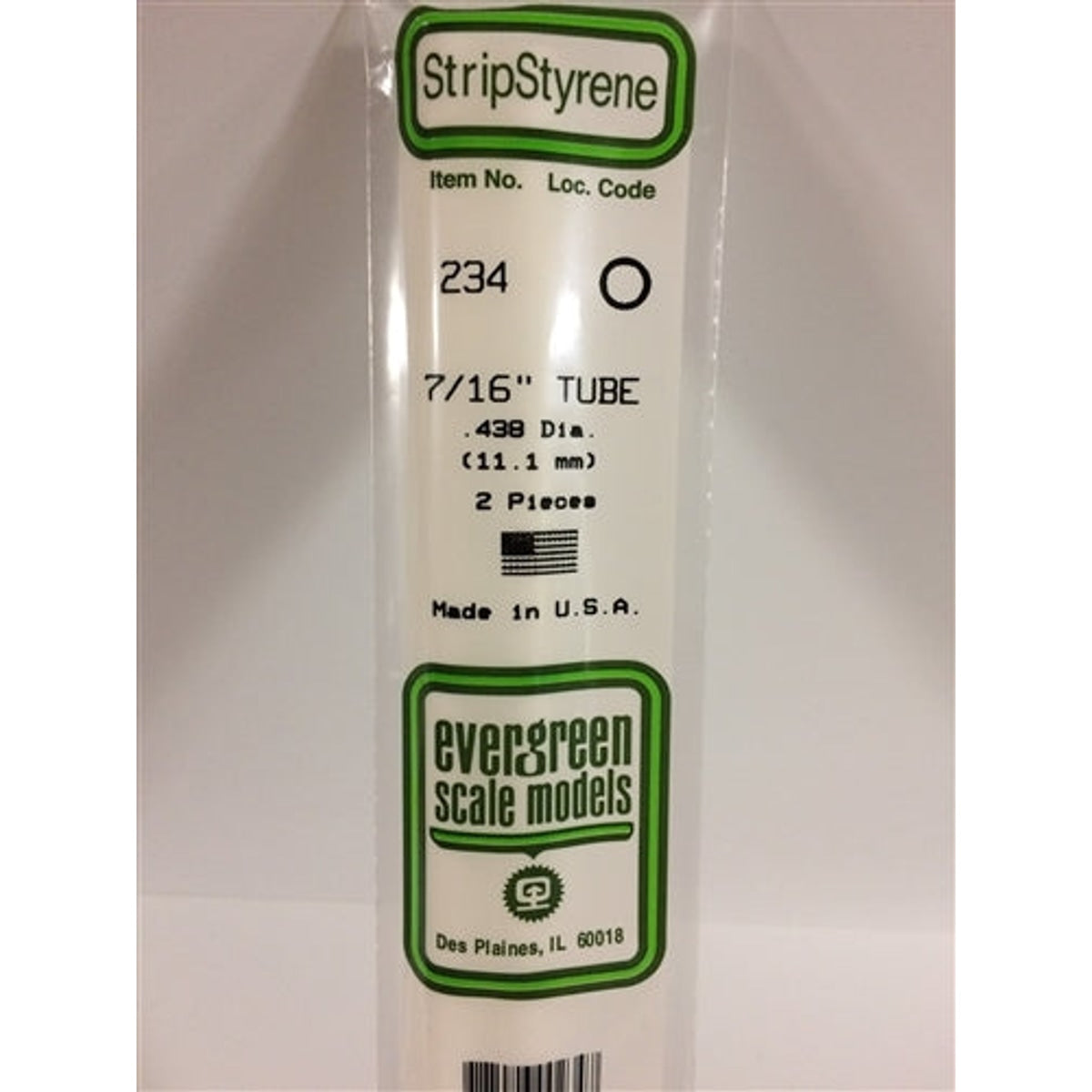Evergreen Scale Models 234 Styrene Tube .438" (1.11cm) Diameter Pkg of 2 NIB