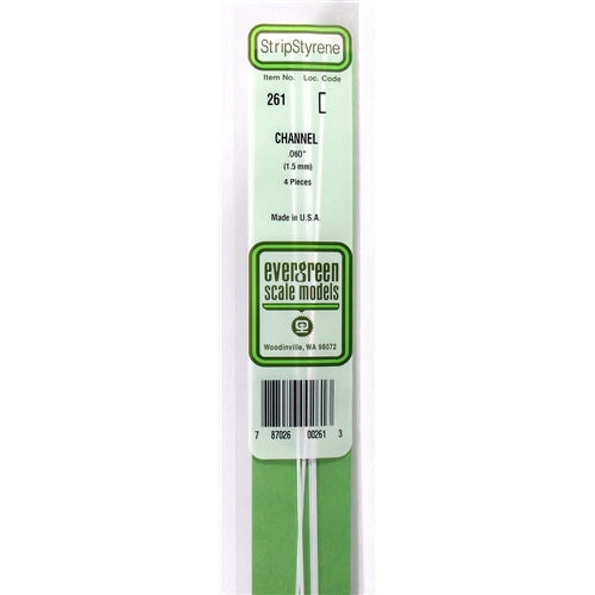 Evergreen Scale Models 261 Styrene Channel .060" (1.5mm) 4 pieces NIB