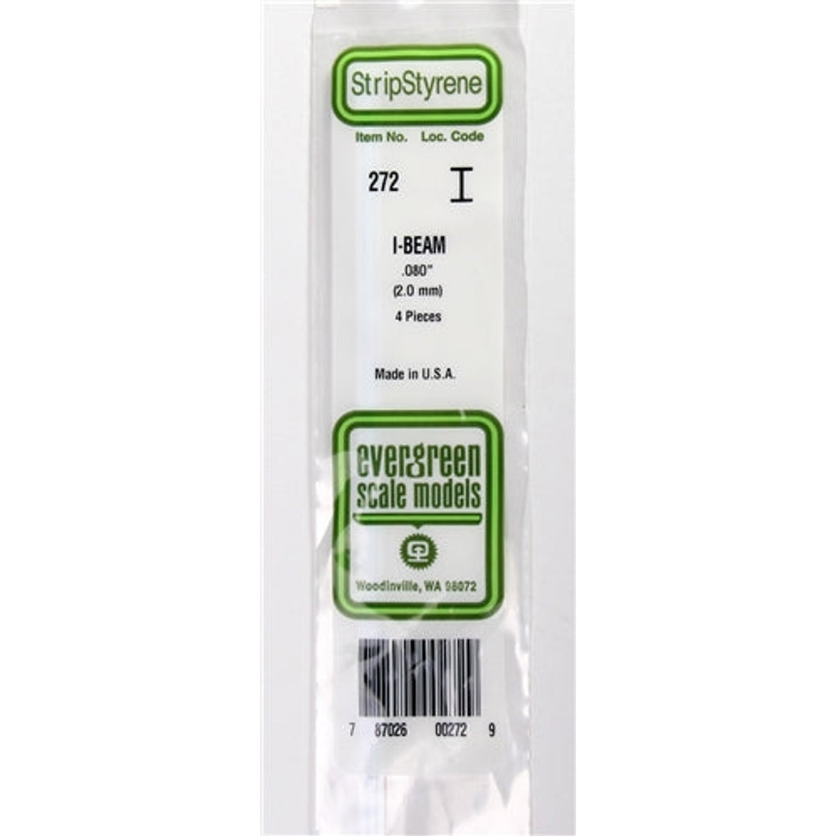 Evergreen Scale Models 272 Styrene I-Beam .080" (2mm) 4 pieces NIB