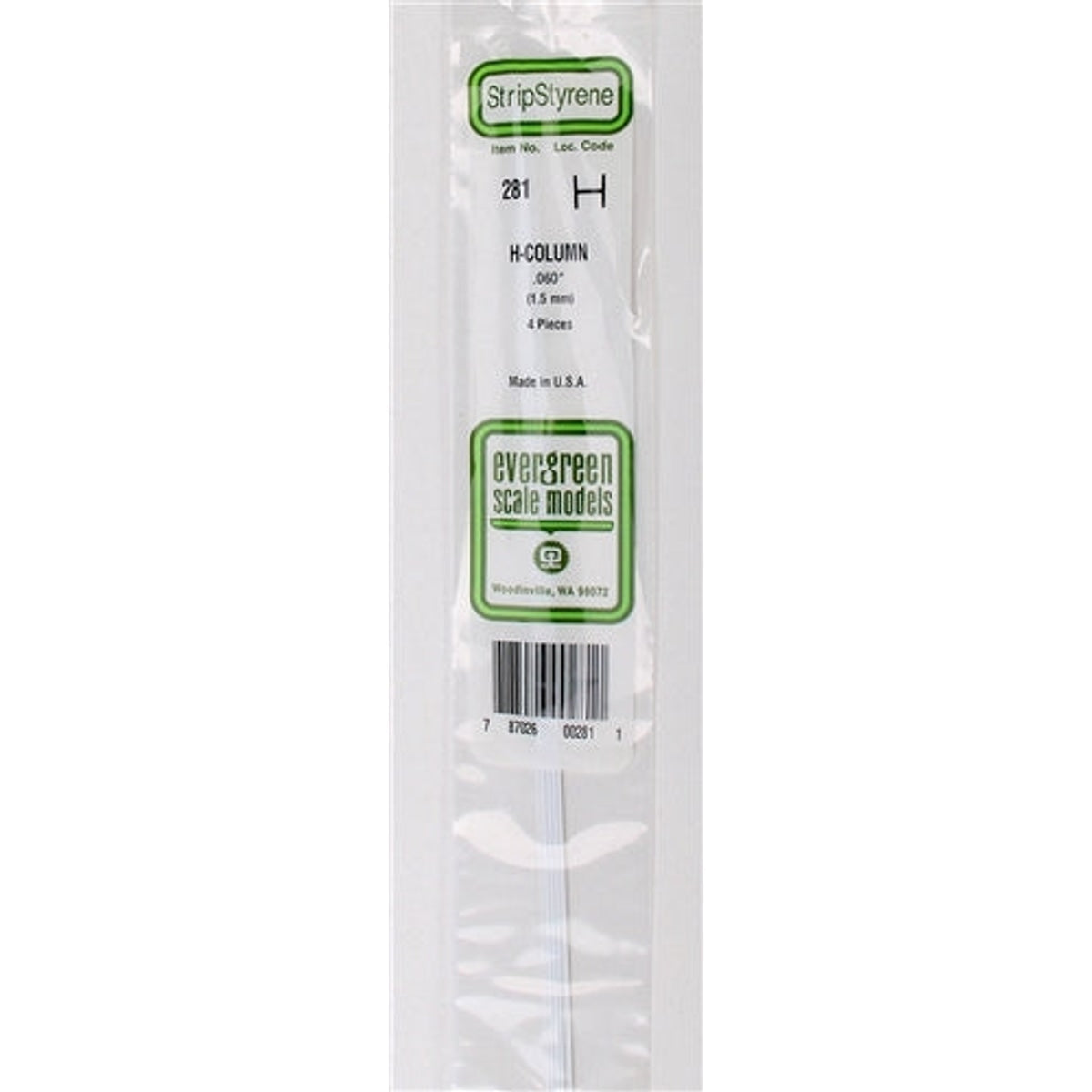 Evergreen Scale Models 281 14" Styrene H-Column .060" (.15cm) 4 pieces NIB
