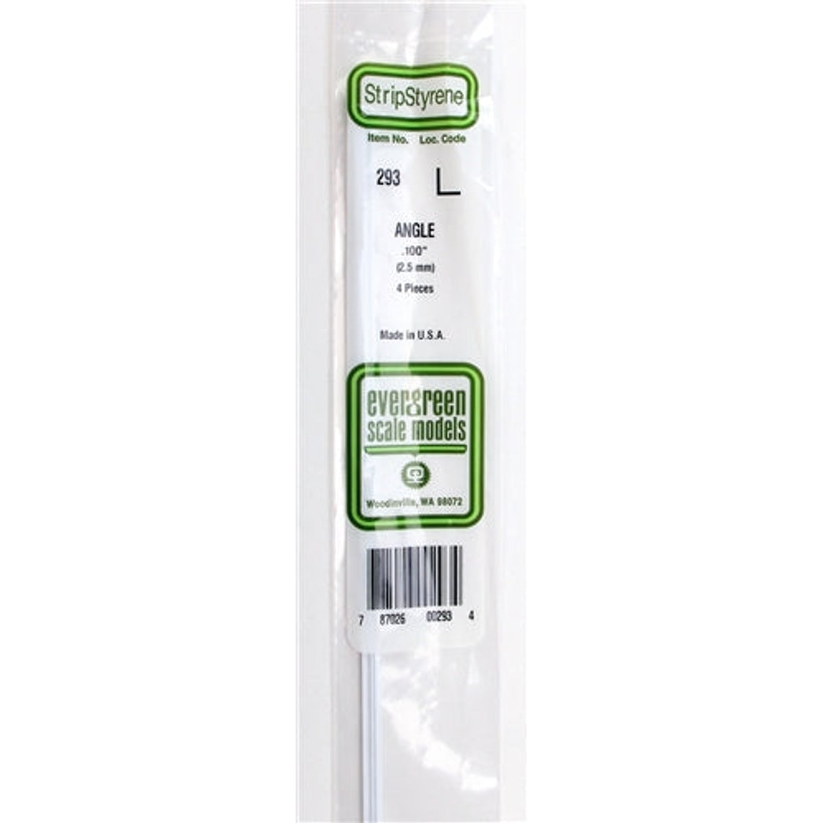 Evergreen Scale Models 293 Styrene Angle .100" (2.5mm) 4 pieces NIB