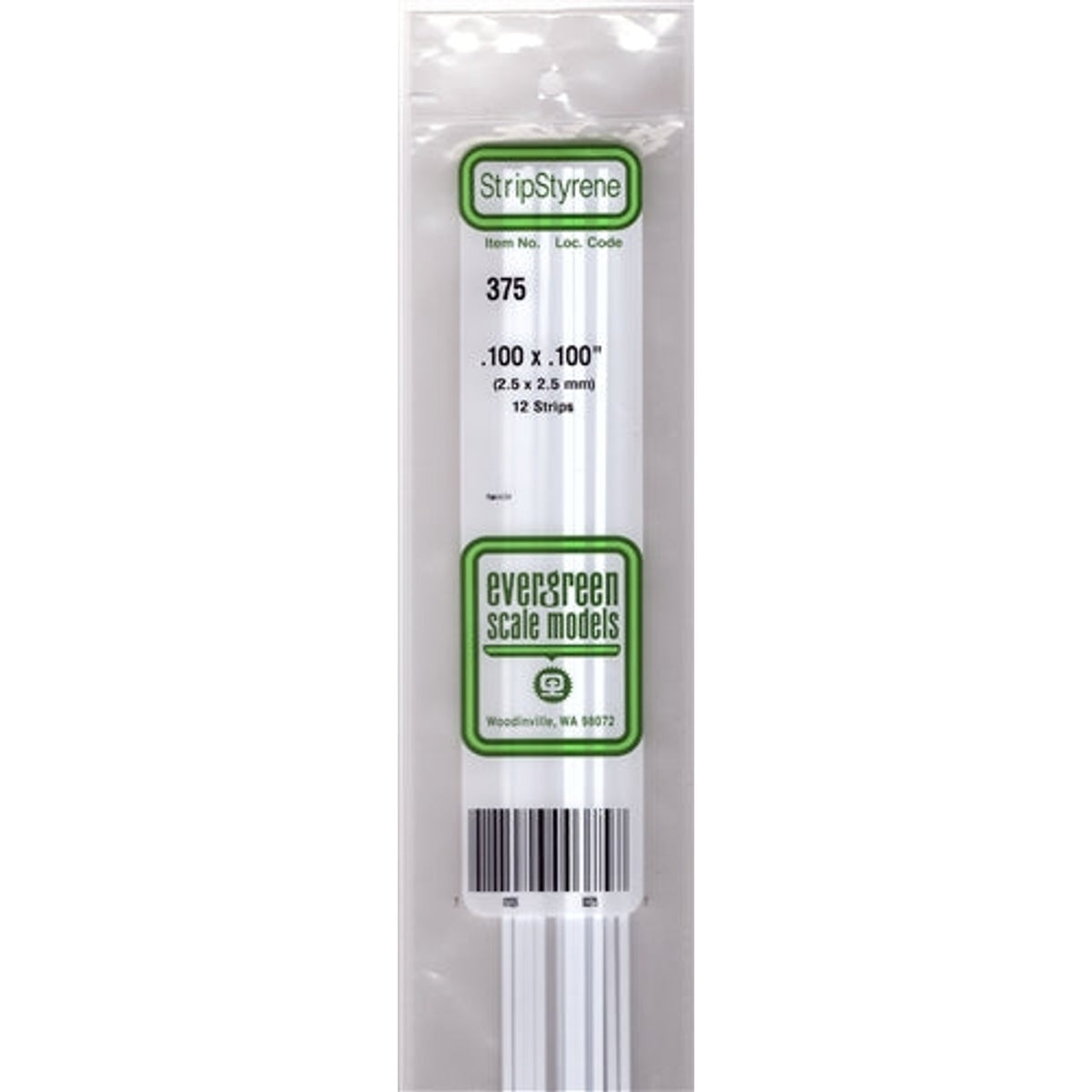 Evergreen Scale Models 375 Styrene Strips .100 x .100" (2.5 x 2.5mm) 12 pieces NIB