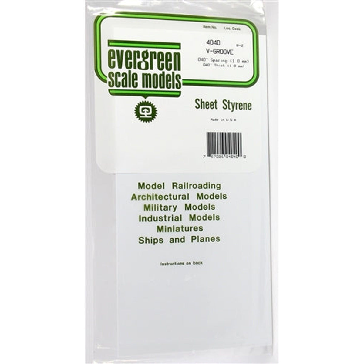 Evergreen Scale Models 4040 Styrene V-Groove Siding Sheet 6 x 12" .040" Spacing .040" Thick NIB