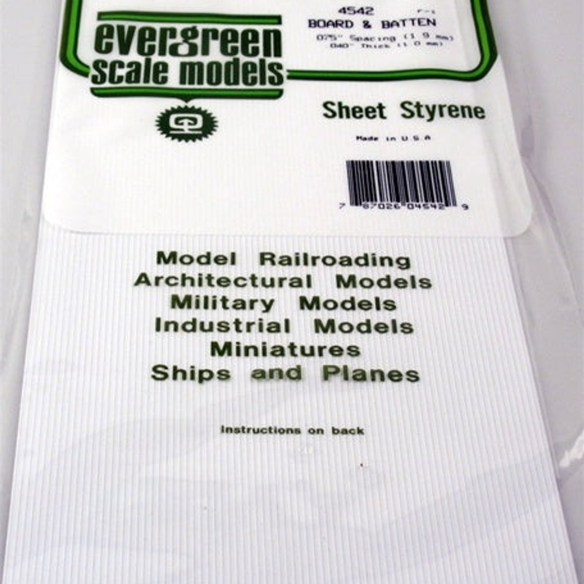 Evergreen Scale Models 4542 Board & Batten Sheet Styrene .075" Spacing (1.9 mm) .040" Thick (1.0 mm) NIB
