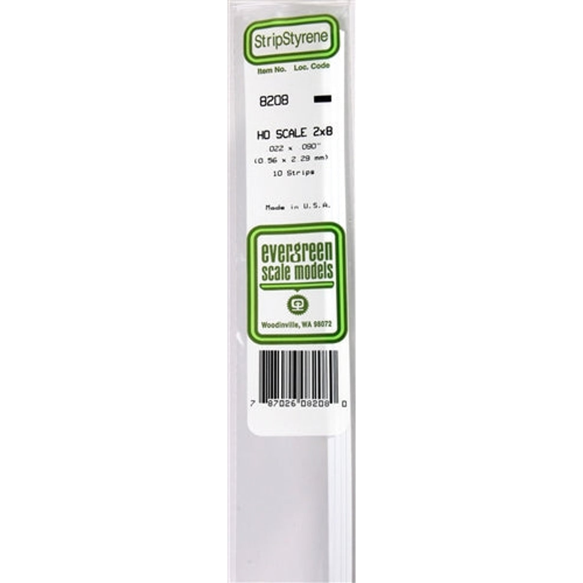 Evergreen Scale Models 8208 Styrene Strip 2x8 .022" x .090" (5.1 x 20.3cm) 10 strips NIB