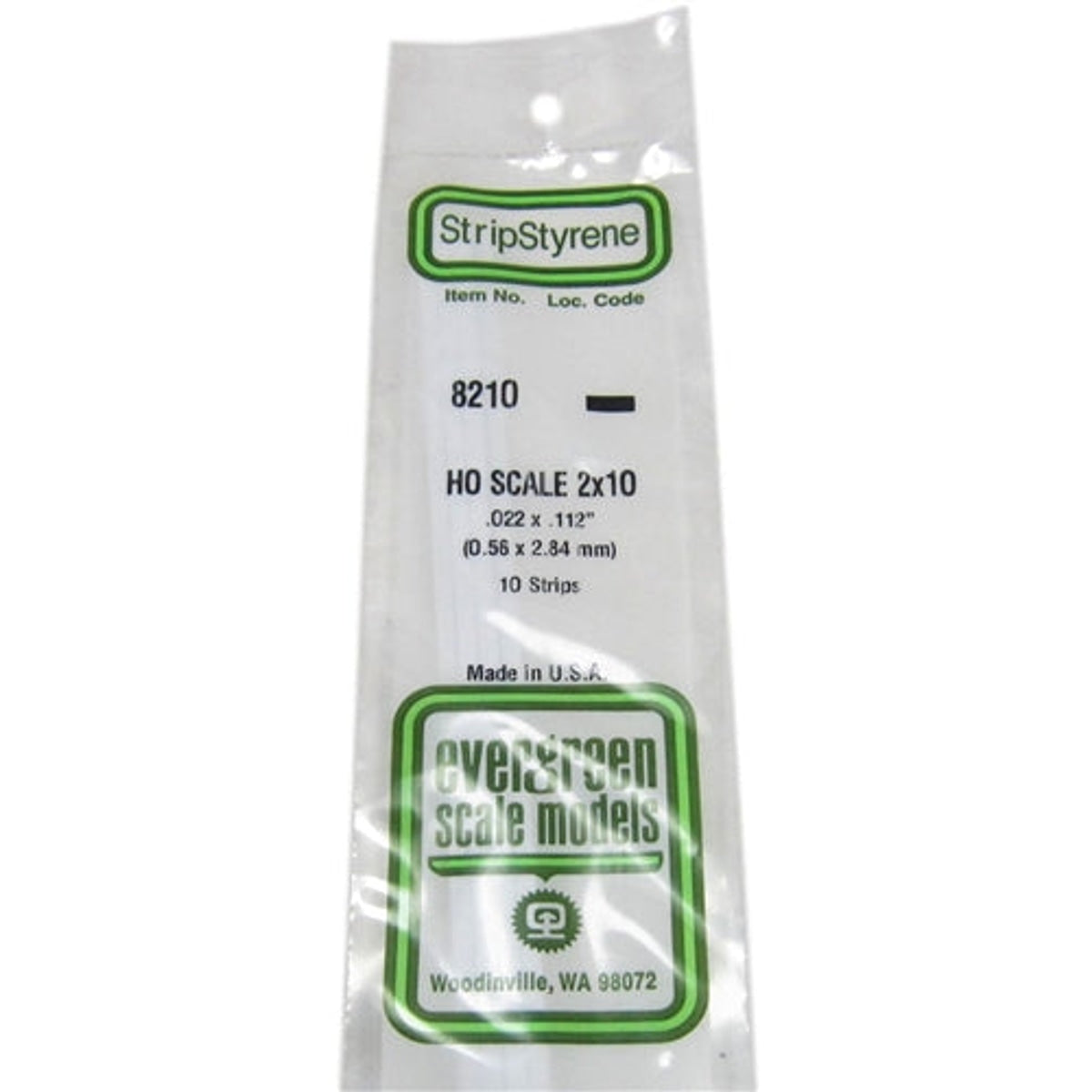 Evergreen Scale Models 8210 Styrene 2x10 .022 x .112" (0.56 x 2.84mm) 10 strips NIB