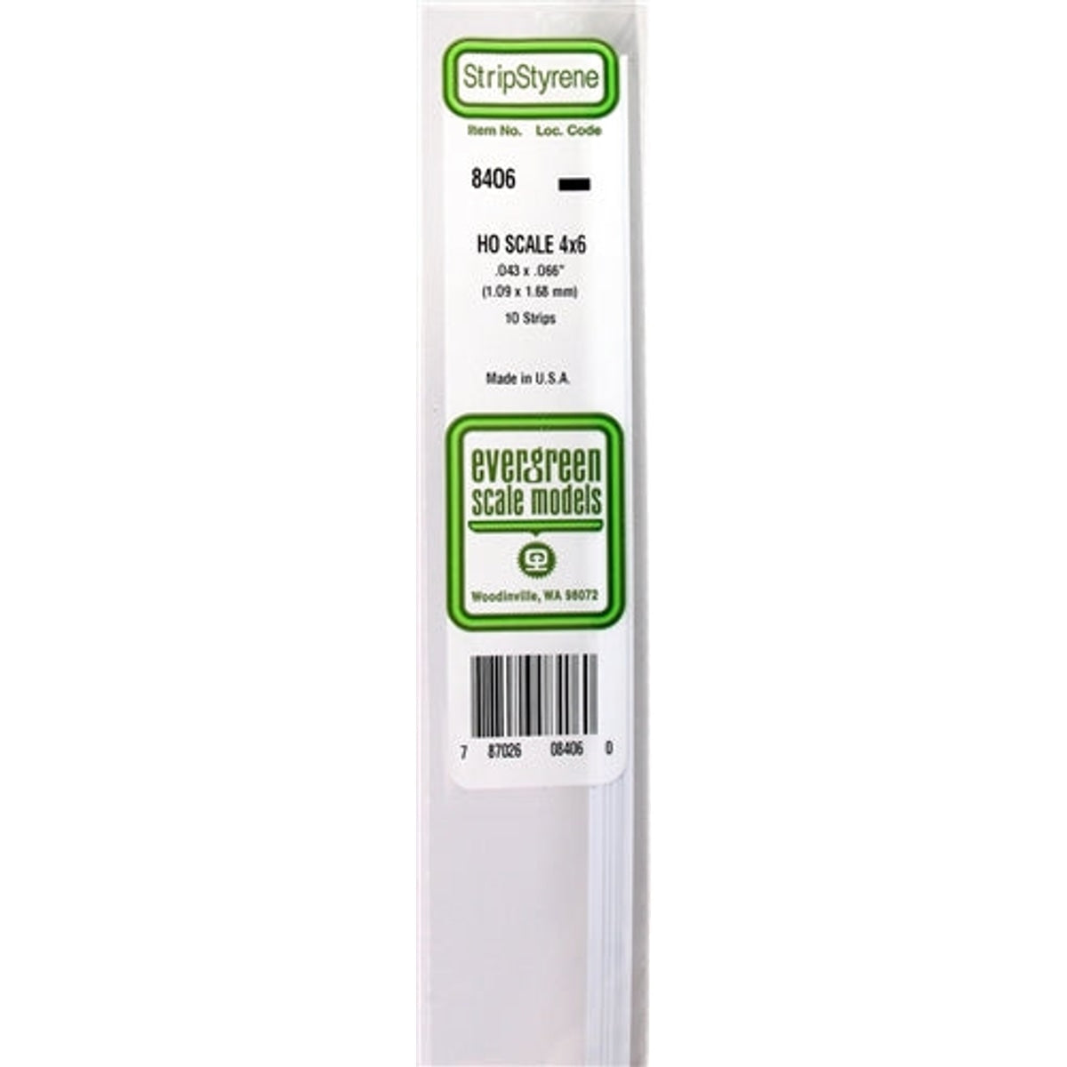 Evergreen Scale Models 8406 Styrene 4x6 .043 x .066" (1.09 x 1.68mm) 10 strips NIB