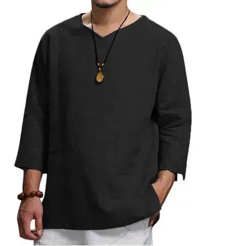 Loose Casual V-neck Top Cotton And Linen Long Sleeve Pullover Shirt Men's Shirt Top
