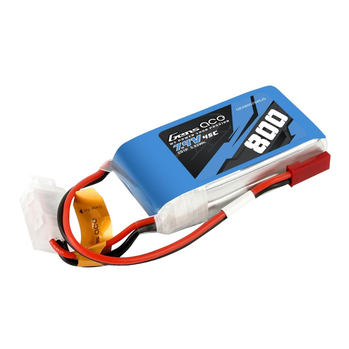 Gens Ace 800mAh 2S1P 7.4V 45C LiPo JST-SYP Plug Soft Case 52x30x15mm