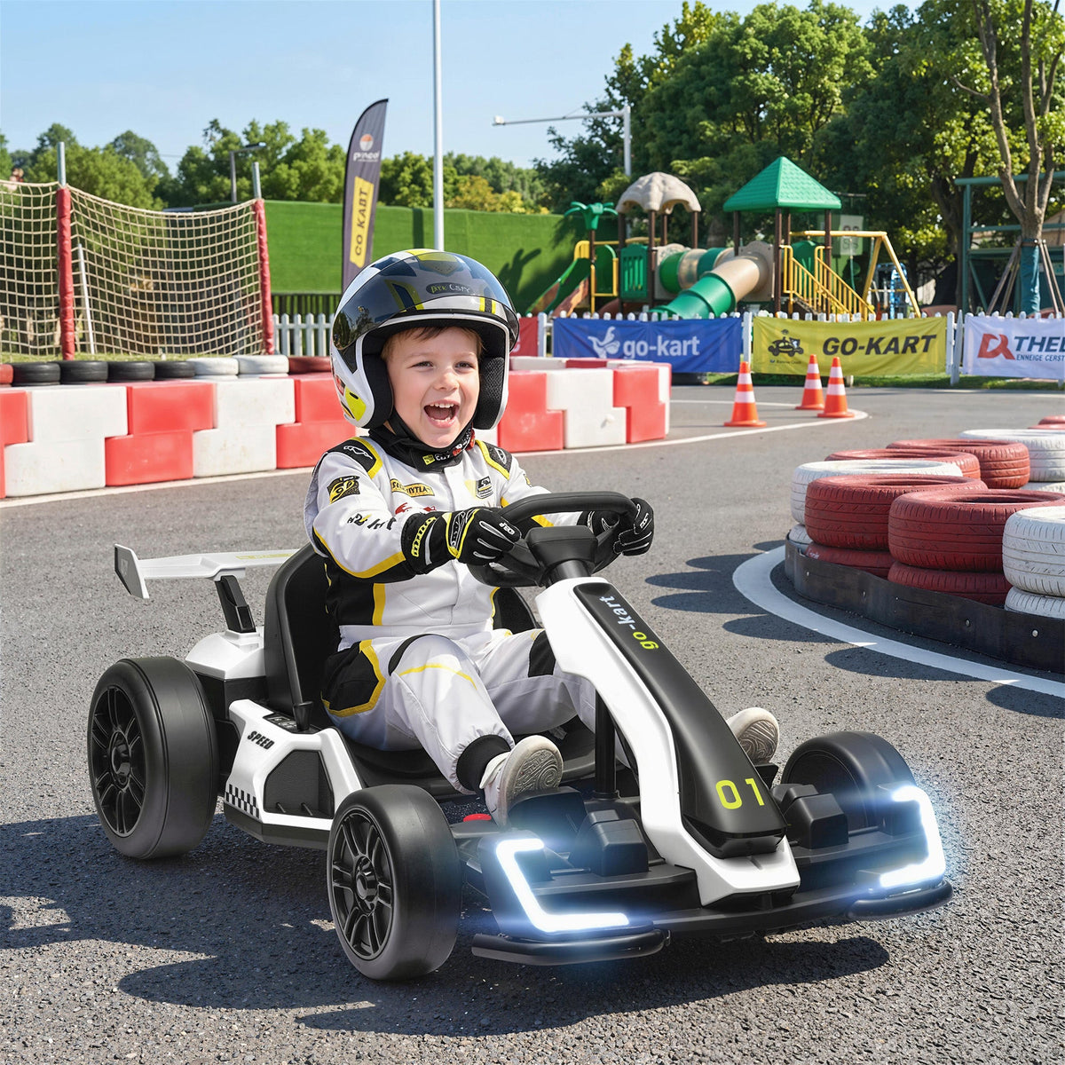 24V Electric Go Kart, Battery Powered Kids Drift Kart with Adjustable Seat, Seat Belt, Horn, Music, Light, Red