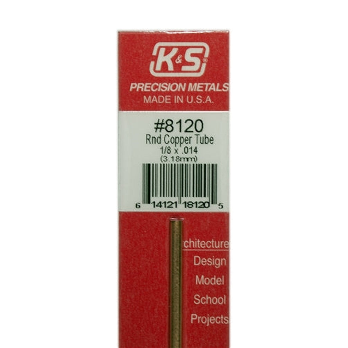 K&S Precision Metals #8120 Round Copper Tube 1/8" x 12" Carded NIB