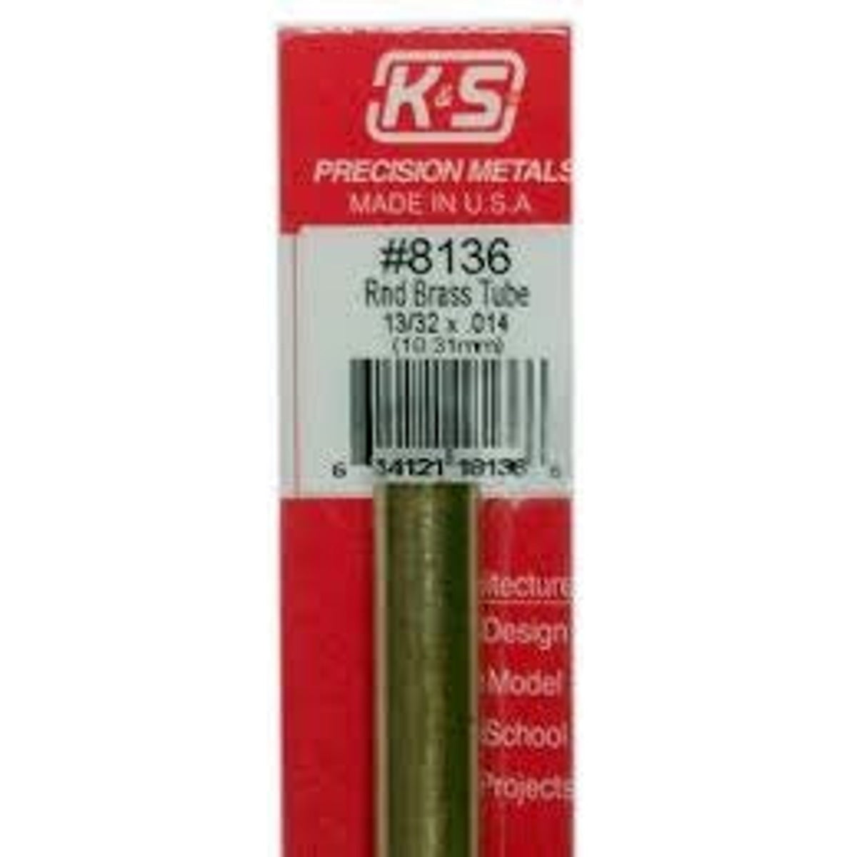 K&S Precision Metals #8136 Round Brass Tube 13/32" x 12" Carded NIB