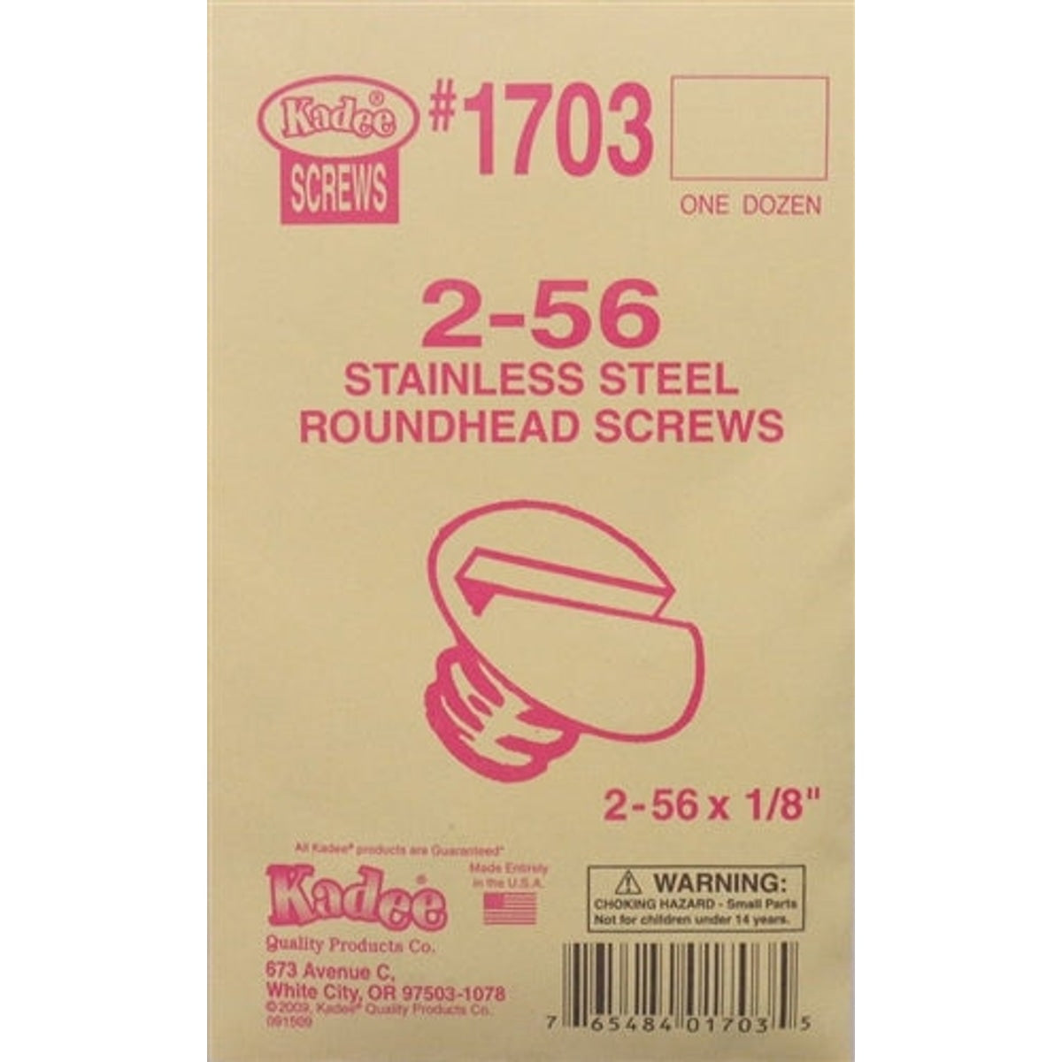 Kadee #1703 2-56 Stainless Steel Screws 2-56 x 1/8" Pkg of 12