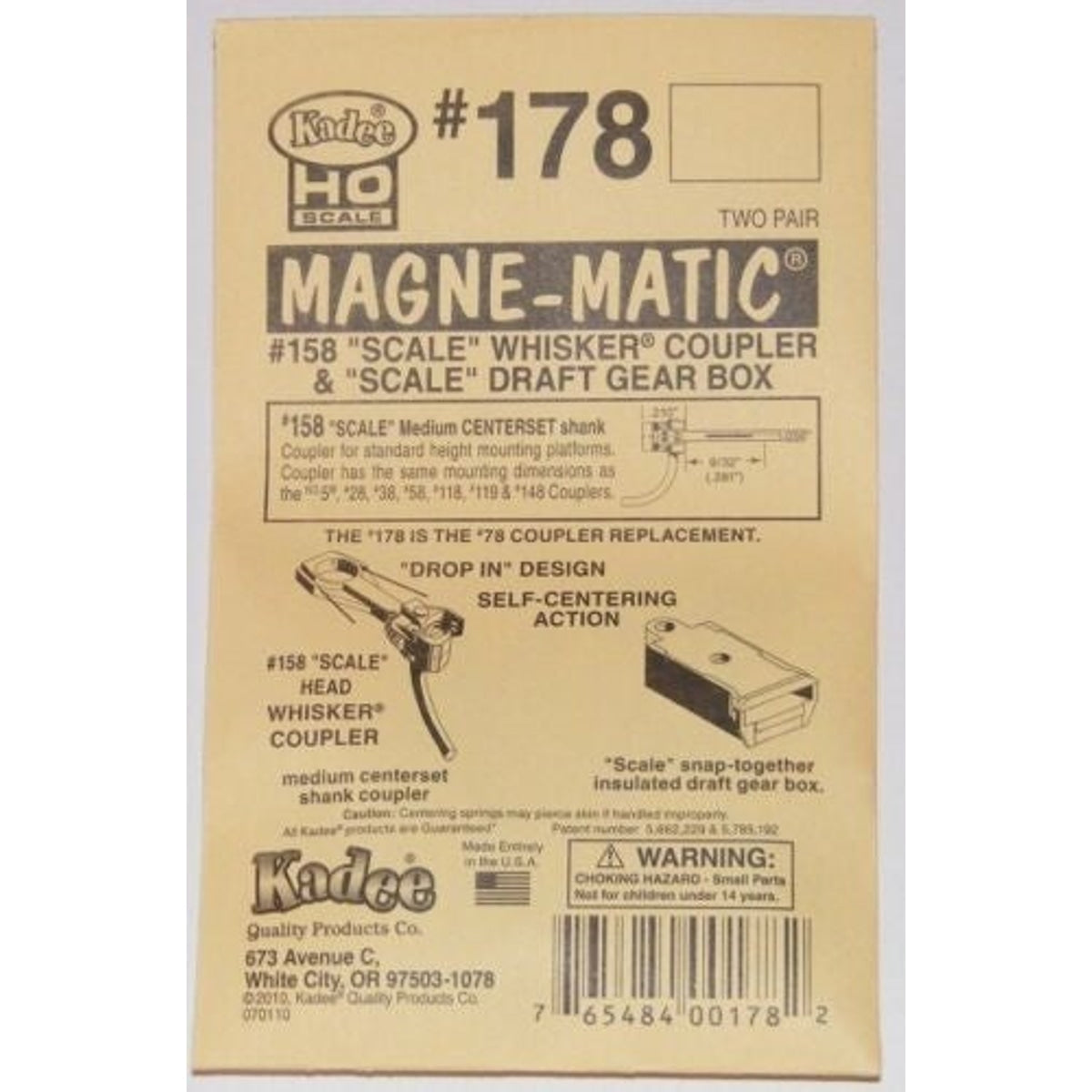 Kadee #178 HO Magne-Matic Whisker Scale Metal Knuckle Coupler Medium 9/32" Centerset Shank w/#178 Scale Draft Gear Boxes 2 Pair