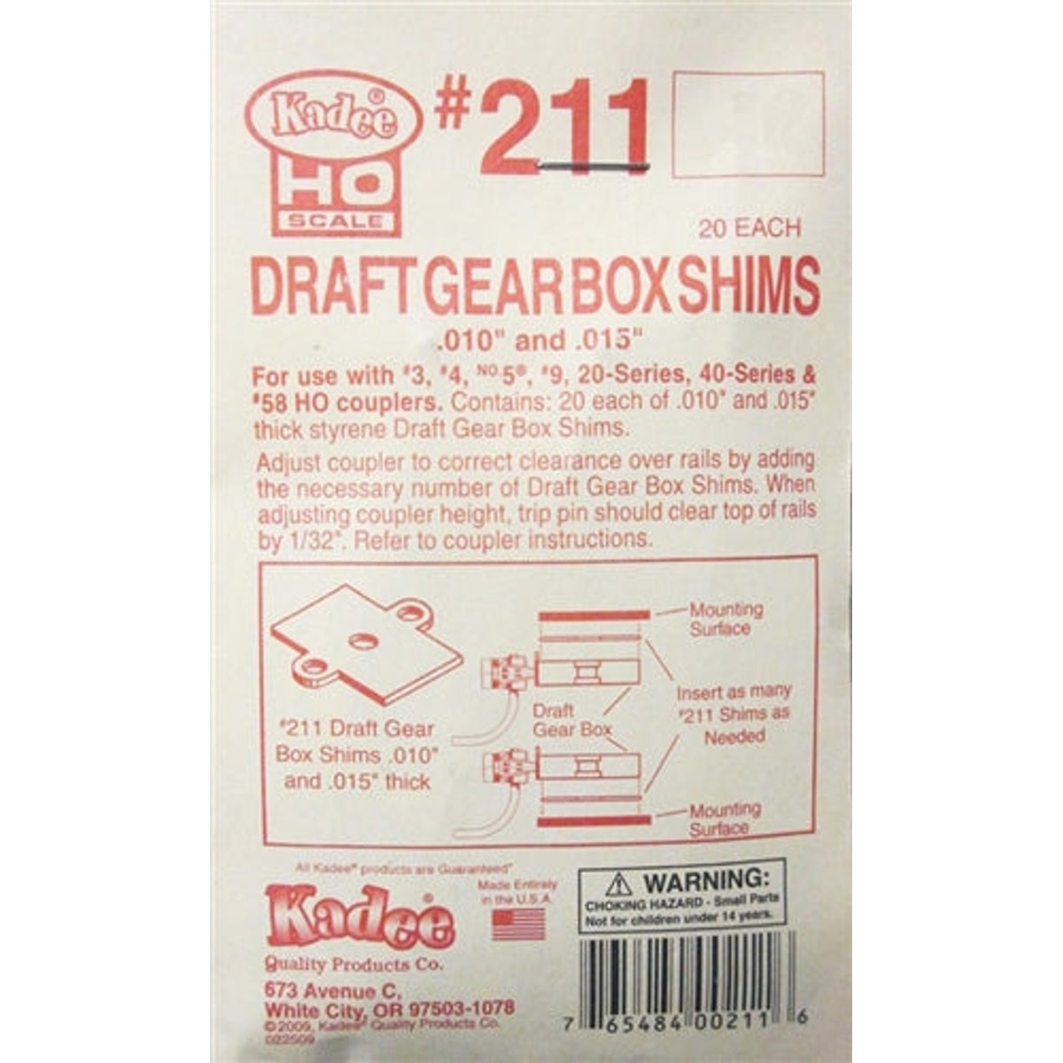 Kadee #211 HO Styrene Draft Gearbox Shims .010 & .015" (.03 & .04cm) Pkg of 20