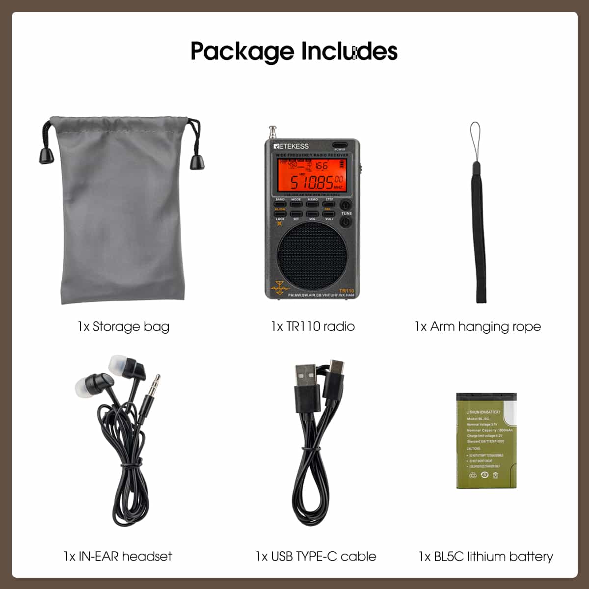 Retekess TR110 FM / MW / SW / USB / AIR / CB / VHF/ NOAA / UHF Portable Full Band Digital Radio Scanner