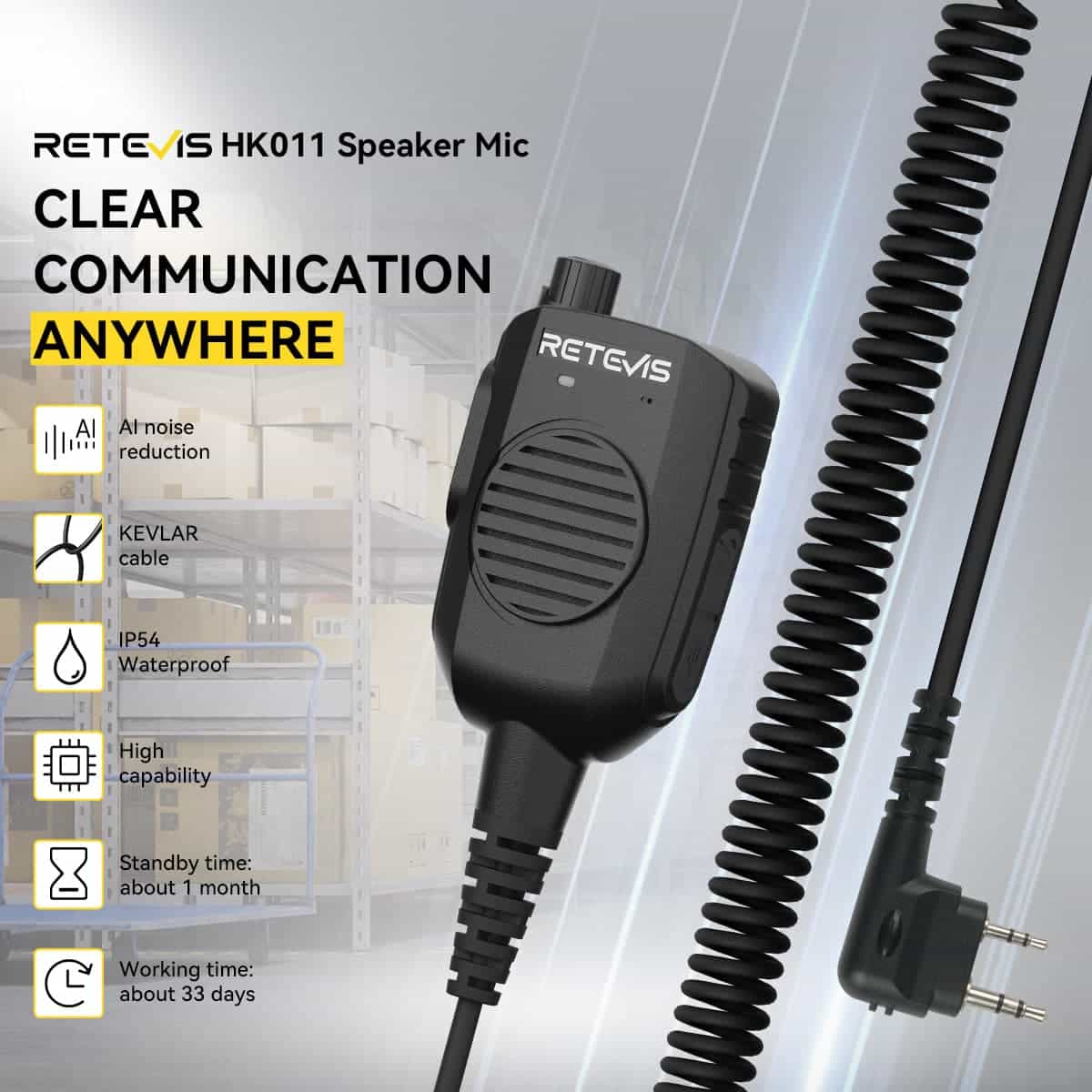 Retevis HK011 Amateur Ham Two-Way Radio Speaker Microphone With AI Noise Canceling Microphone 2 Pin K Plug