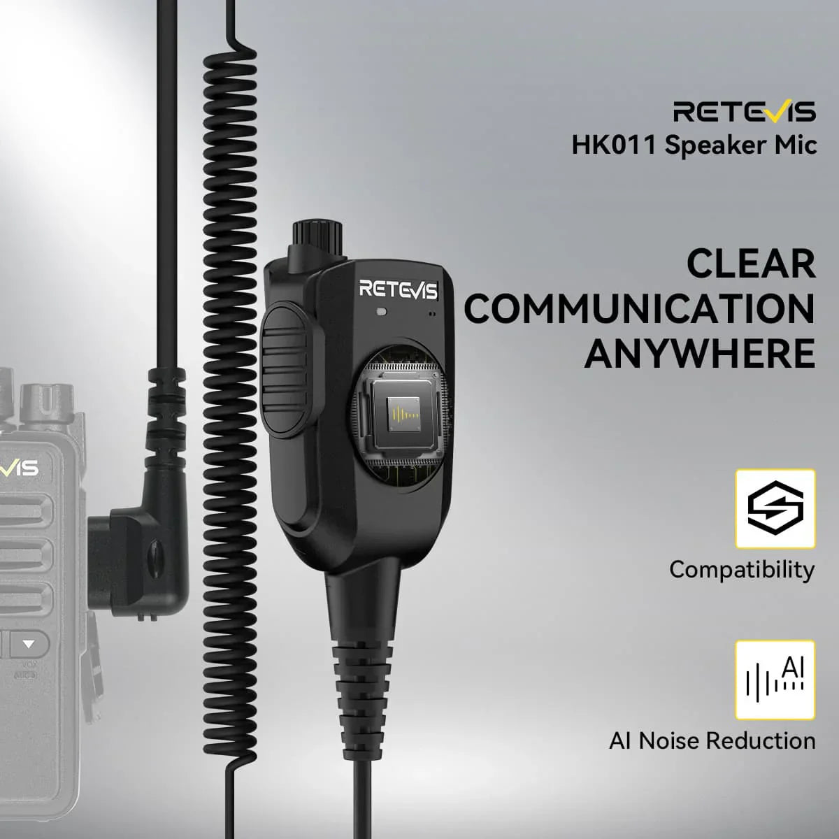 Retevis HK011 Amateur Ham Two-Way Radio Speaker Microphone With AI Noise Canceling Microphone 2 Pin K Plug