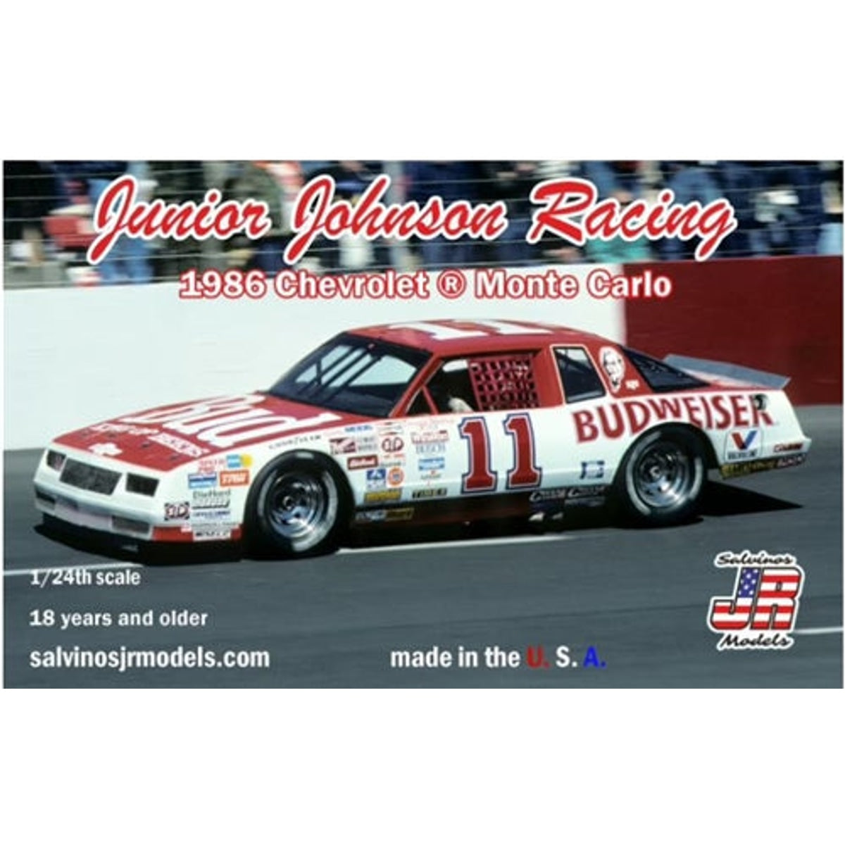 Salvinos JR Models Junior Johnson Racing 1986 CHevrolet Monte Carlo #11 Budweiser 1/24 Scale Plastic Model Kit