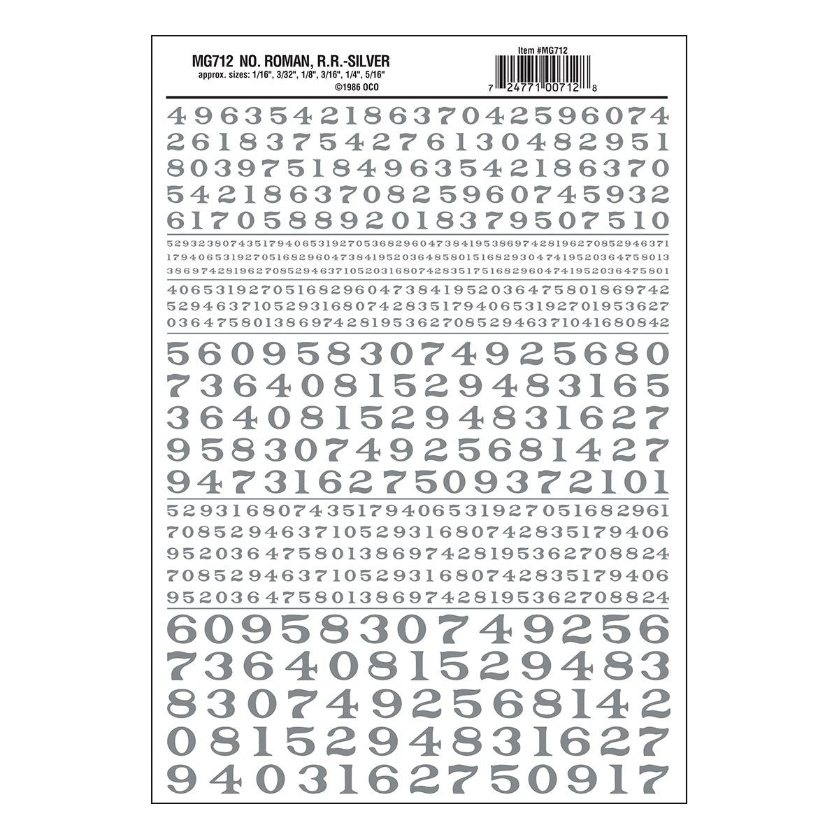 Woodland Scenics Model Graphics MG712 HO Dry Transfer Numbers Railroad Roman Silver Decals NIB