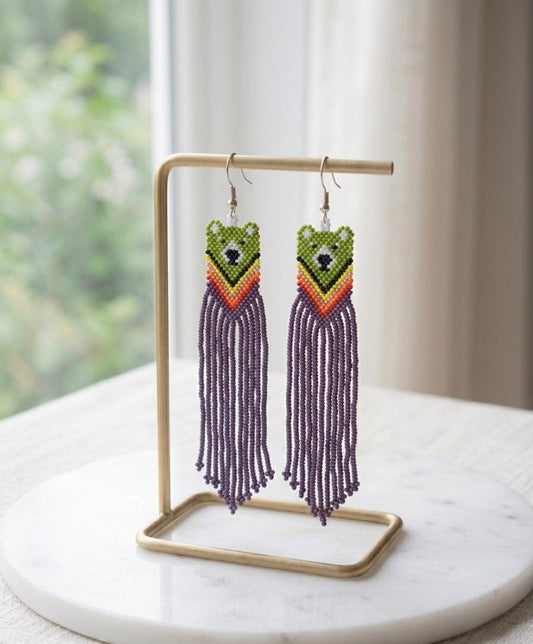 Green - Purple Native Bear Beaded Earrings