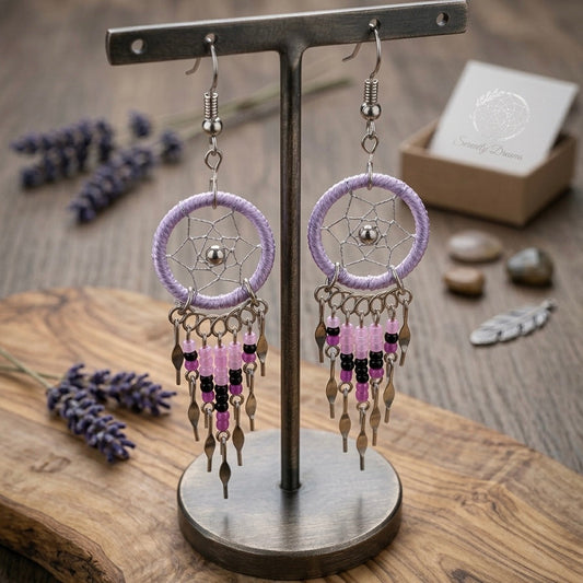 Light Purple Beaded Dreamcatcher earrings