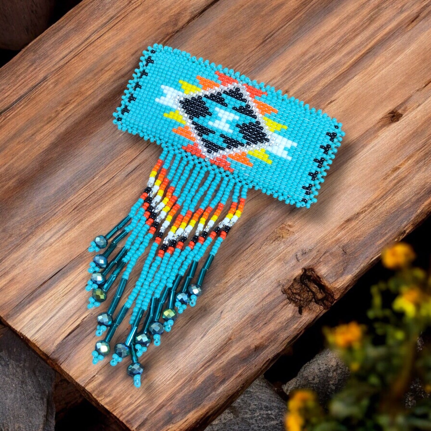 Rectangular Fringed Barrette - Turquoise and yellow