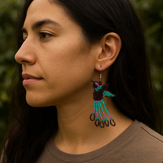 Handmade Beaded Hummingbird Earrings – Turquoise & Purple