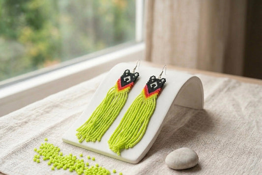 Green- Yellow Native Bear Beaded Earrings