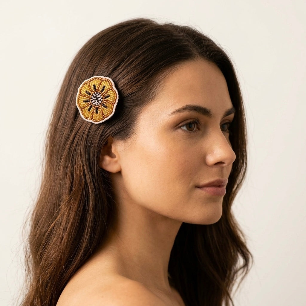 Golden Beaded Flower Barrette