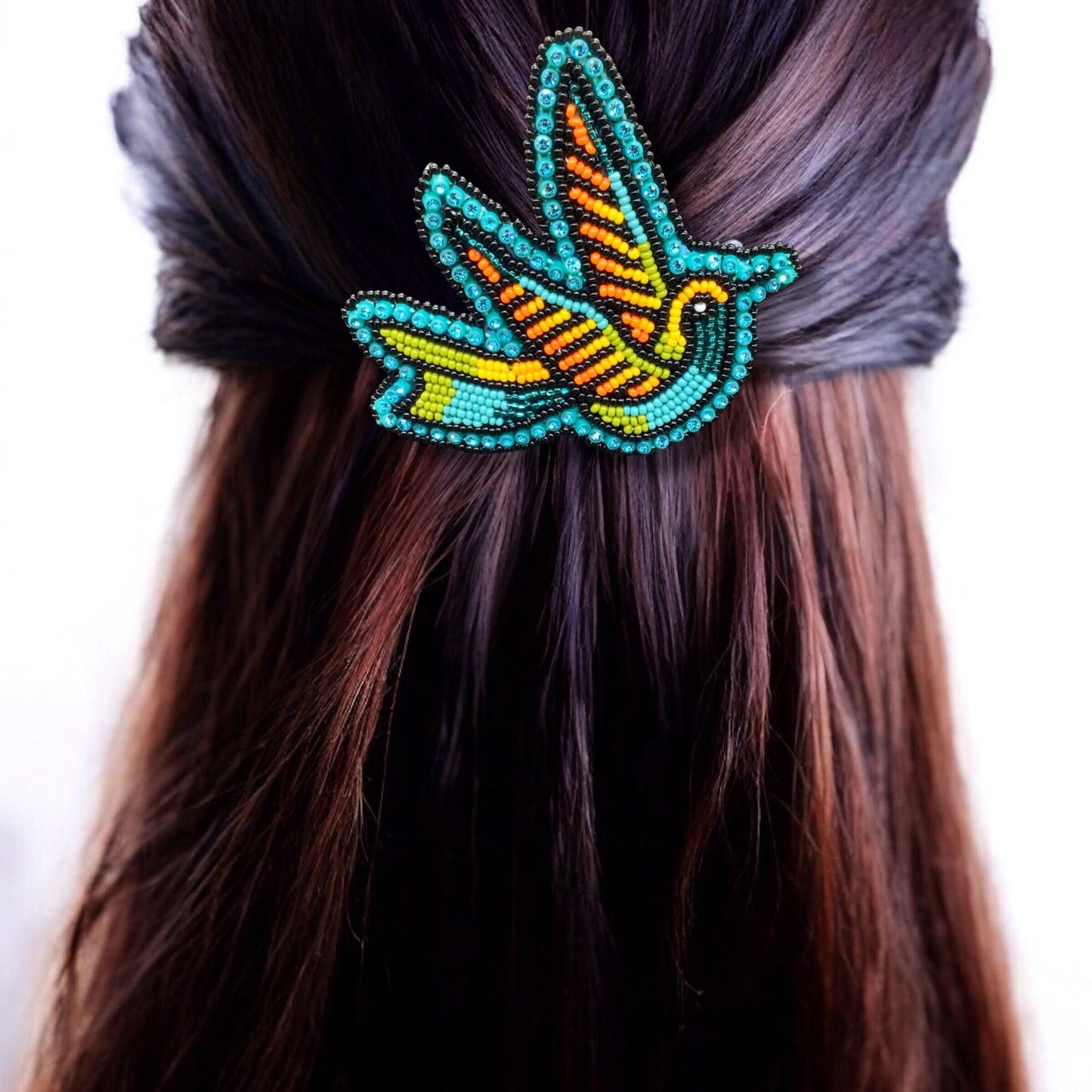 Turquoise and Orange Beaded Hummingbird Barrette