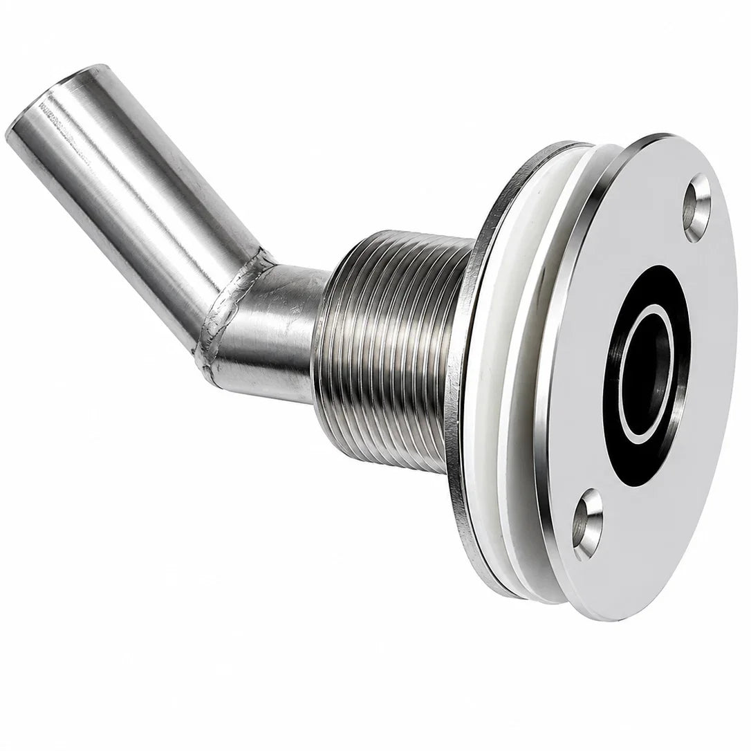 Stainless Steel Thru Hull Fitting, 22 mm, 90° Base, Angled Connector, Boltless