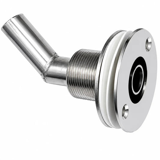Stainless Steel Thru Hull Fitting, 22 mm, 90° Base, Angled Connector, Boltless