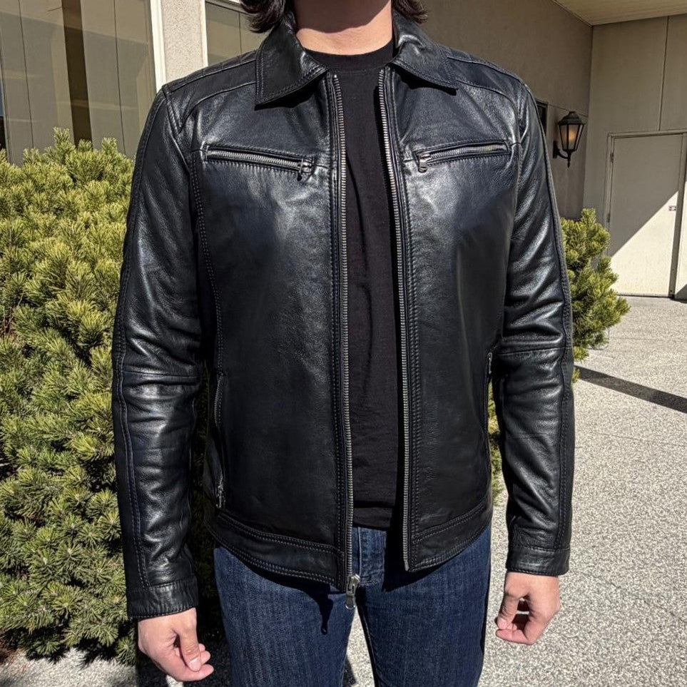 BOL Men’s Zip Pocket Leather Jacket. Sheep Leather Jacket with Fold-Down Collar
