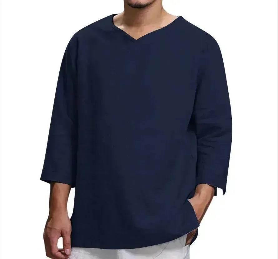 Loose Casual V-neck Top Cotton And Linen Long Sleeve Pullover Shirt Men's Shirt Top