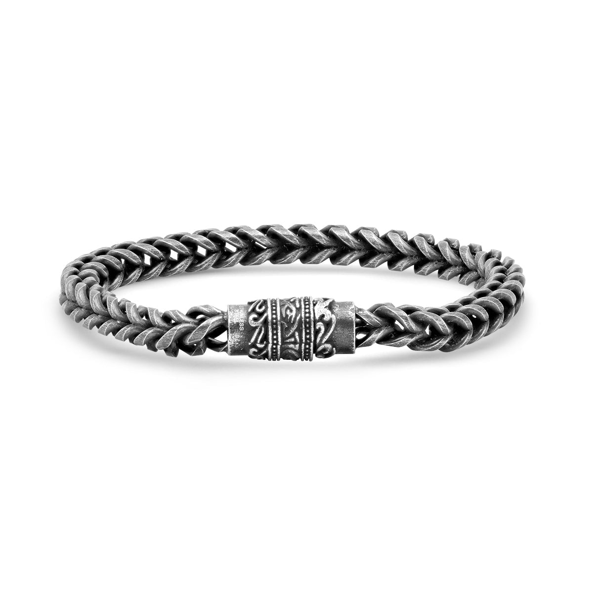 Men's Oxidized Steel Chain Bracelet. Wheat Link Engraved Magnetic Clasp Biker Jewelry
