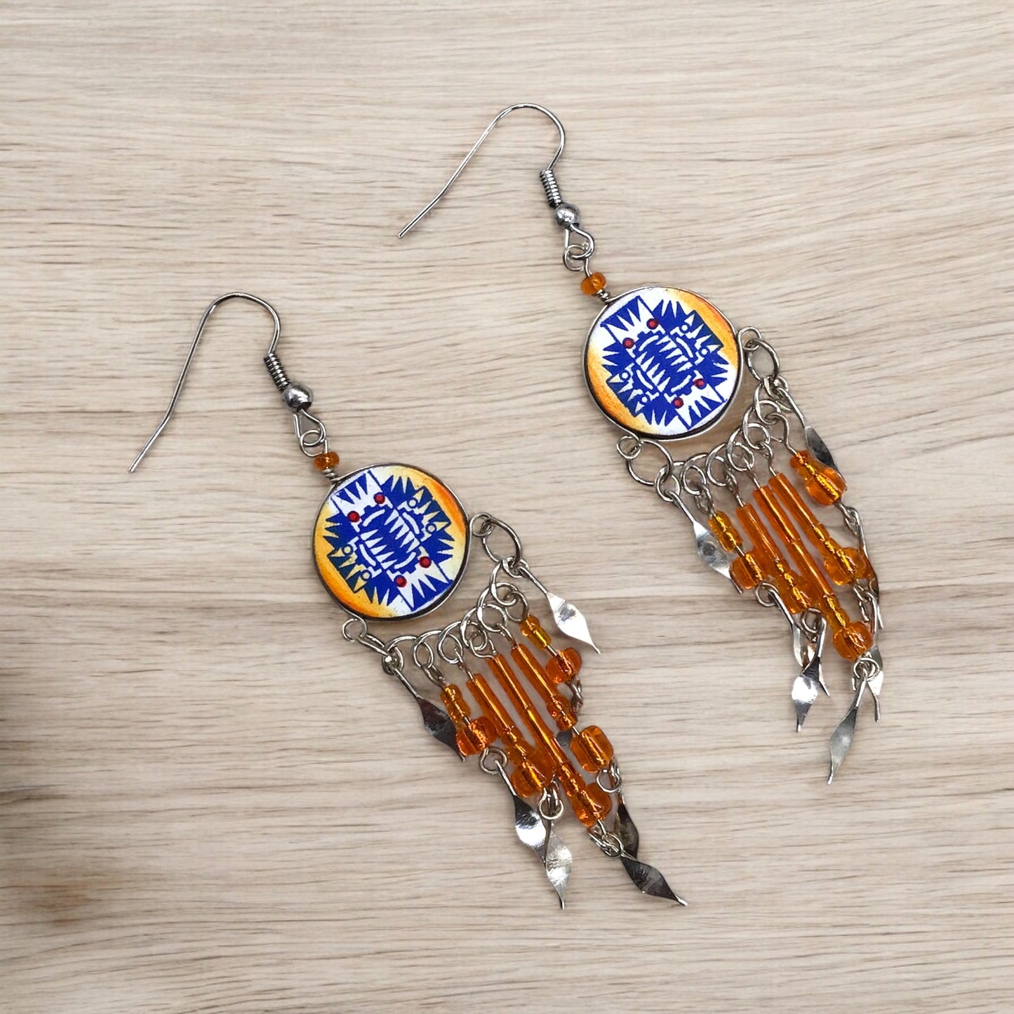 Orange and Blue Southwestern Round Shaped Dangle Earrings